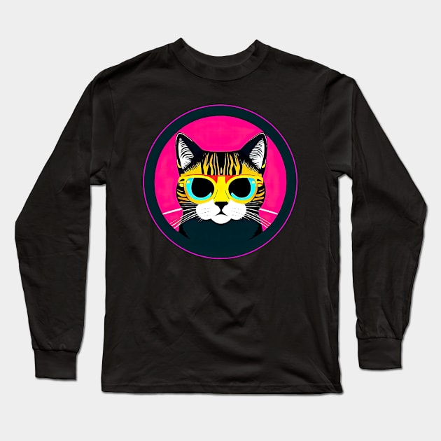 Whimsical Tabby Cat In Yellow Glasses Inside The Colorful Round Frame Long Sleeve T-Shirt by funfun